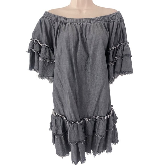 Elan Grey Chambray Frayed Tiered Off Shoulder Tunic Dress Size M Summer Vacation - Picture 1 of 5